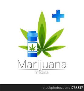 Cannabis vector logotype for medicine and doctor. Medical marijuana symbol with pill bottle and blue cross. Pharmaceuticals with plant and leaf for health. Concept sign of green herb. Cannabis vector logotype for medicine and doctor. Medical marijuana symbol with pill bottle and blue cross. Pharmaceuticals with plant and leaf for health. Concept sign of green herb.