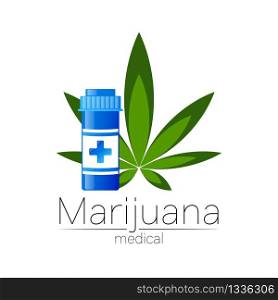 Cannabis vector logotype for medicine and doctor. Medical marijuana symbol with pill bottle. Pharmaceuticals with plant and leaf for health. Concept sign of green herb. Green color on white. Cannabis vector logotype for medicine and doctor. Medical marijuana symbol with pill bottle. Pharmaceuticals with plant and leaf for health. Concept sign of green herb. Green color on white.