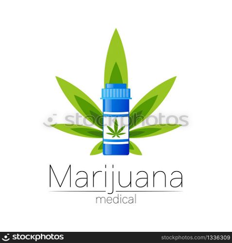 Cannabis vector logotype for medicine and doctor. Medical marijuana symbol with pill bottle. Pharmaceuticals with plant and leaf for health. Concept sign of green herb. Green color on white. Cannabis vector logotype for medicine and doctor. Medical marijuana symbol with pill bottle. Pharmaceuticals with plant and leaf for health. Concept sign of green herb. Green color on white.