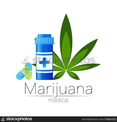 Cannabis vector logotype for medicine and doctor. Medical marijuana symbol with pill bottle and capsule. Pharmaceuticals with plant and leaf for health. Concept sign of green herb. Cannabis vector logotype for medicine and doctor. Medical marijuana symbol with pill bottle and capsule. Pharmaceuticals with plant and leaf for health. Concept sign of green herb.