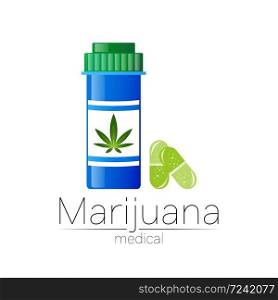 Cannabis vector logotype for medicine and doctor. Medical marijuana symbol with pill bottle and capsule. Pharmaceuticals with plant and leaf for health. Concept sign of green herb. Cannabis vector logotype for medicine and doctor. Medical marijuana symbol with pill bottle and capsule. Pharmaceuticals with plant and leaf for health. Concept sign of green herb.