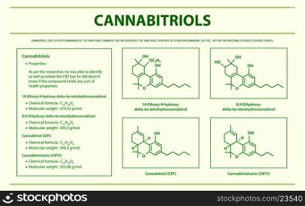 Cannabitriol CBT with Structural Formulas in Cannabis horizontal infographic illustration about cannabis as herbal alternative medicine and chemical therapy, healthcare and medical science vector.