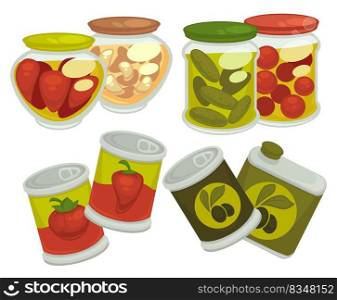 Canned cucumbers and peppers, tomatoes and olives, garlic in bottle. Pickles and fermented vegetables, healthy eating and dieting, nutrition and appetizers for meal course. Vector in flat style. Marinated cucumbers and tomatoes, peppers vector