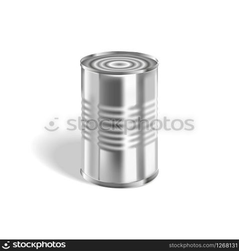 Canned food, conserve jar, realistic packaging illustration, vector stiny stainless aluminium package can, isolated concept.