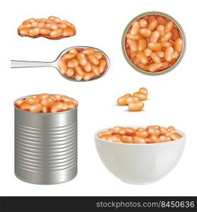 Canned food. Healthy delicious beans with tomato pasta baked products collection decent vector steel container with beans realistic illustrations. Illustration of healthy food beans. Canned food. Healthy delicious beans with tomato pasta baked products collection decent vector steel container with beans realistic illustrations
