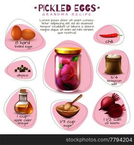Canned food poster with pickled eggs grandma recipe with ingredients on white background vector illustration. Canned Food Pickled Eggs Poster
