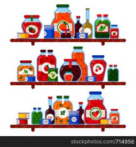 Canned food shelf. Preserved peas, meal on store shelves and conserved vegetables culinary products. Preservation grocery goods pickles and jam shelf isolated vector illustration. Canned food shelf. Preserved peas, meal on store shelves and conserved vegetables culinary products isolated vector illustration