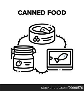 Canned Food Vector Icon Concept. Canned Food Caviar, Fish And Olive Berries, Conserve Aluminum Container For Storaging Nutrition Seafood, Meat, Vegetables And Fruit Black Illustration. Canned Food Vector Black Illustrations