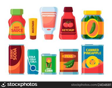 Canned foods. Grocery products stocked tomato soup jars meal for supermarket shelves garish vector cartoon collection of canned packages. Illustration product of grocery and food, vegetable canned. Canned foods. Grocery products stocked tomato soup jars meal for supermarket shelves garish vector cartoon collection of canned packages