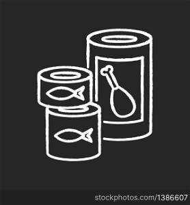 Canned goods and soups chalk white icon on black background. Preserved meat in tin. Fish products. Conserved food for pantry storage. Groceries, supermarket. Isolated vector chalkboard illustration. Canned goods and soups chalk white icon on black background