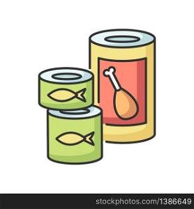Canned goods and soups RGB color icon. Preserved meat in tin. Fish products. Conserved food for pantry storage. Supply for donation. Tuna in jar. Groceries, supermarket. Isolated vector illustration. Canned goods and soups RGB color icon