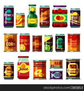 Canned goods vector set. Tinned food, conservation tomato soup and vegetables. Tin container conserve, canned tomato soup illustration. Canned goods vector set. Tinned food, conservation tomato soup and vegetables