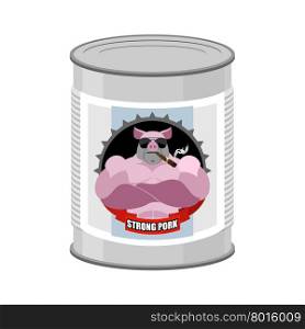 Canned pork. Canned food from a serious and strong pig. Steel Bank stew. Vector illustration of canned meat.&#xA;