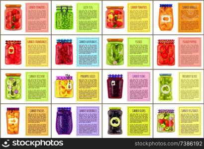 Canned products with receipts vector illustration, preserved food sample, collection of fruits and vegetables in glass jars, pickled grocery in pots. Canned Products with Receipts Vector Illustration