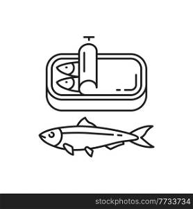 Canned sardines in oil isolated thin line icon. Vector Portuguese national food, seafood product packaging.. Sardines in tin can isolated fish, Portugal food