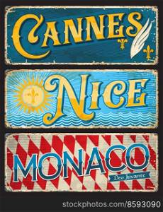 Cannes, Nice, Monaco French city travel stickers and plates, vector luggage tags and tin signs. France city landmarks and sightseeing symbols or flags of French prefecture capitals. Cannes, Nice, Monaco, French city travel stickers