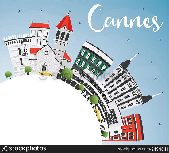 Cannes Skyline with Gray Buildings, Blue Sky and Copy Space. Vector Illustration. Business Travel and Tourism Concept with Historic Architecture. Image for Presentation Banner Placard and Web Site.