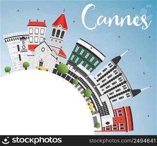 Cannes Skyline with Gray Buildings, Blue Sky and Copy Space. Vector Illustration. Business Travel and Tourism Concept with Historic Architecture. Image for Presentation Banner Placard and Web Site.