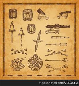 Cannon, barrel and spyglass, bell, trident and astrolabe, sextant sketch. Ancient map engraved vector elements, pirates or corsair ship weapon, albatross bird, medieval sailing equipment and symbols. Ancient map cannons and equipment vector sketch