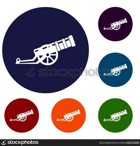 Cannon icons set in flat circle reb, blue and green color for web. Cannon icons set