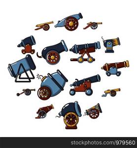 Cannon retro icons set. Cartoon illustration of 16 cannon retro vector icons for web. Cannon retro icons set, cartoon style