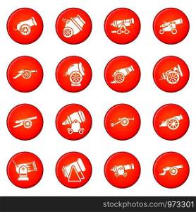 Cannon retro icons set vector red circle isolated on white background . Cannon retro icons set red vector