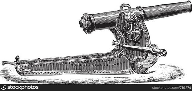 Cannon short- or 155 mm howitzer on lookout, vintage engraved illustration. Industrial encyclopedia E.-O. Lami - 1875.