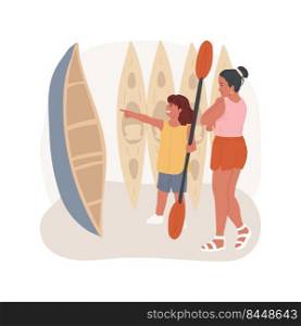 Canoe and kayak renting store isolated cartoon vector illustration. Kayak renting service, family vacation on a river, kids holding paddle, canoe store, boat rental, recreation vector cartoon.. Canoe and kayak renting store isolated cartoon vector illustration.