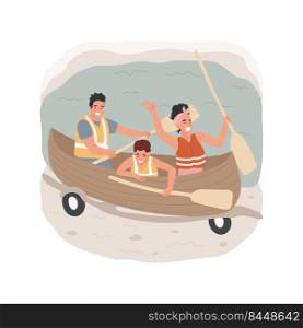 Canoe campground delivery isolated cartoon vector illustration. Family sitting in canoe holding paddle, trailer with kayaks near lake, campground delivery renting service vector cartoon.. Canoe campground delivery isolated cartoon vector illustration.