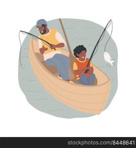 Canoe fishing isolated cartoon vector illustration. Father and son sitting in big canoe, catching fish together, family vacation on a lake, fishing from a boat, c&ing activity vector cartoon.. Canoe fishing isolated cartoon vector illustration.