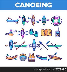 Canoeing, Active Rest Vector Thin Line Icons Set. Canoeing, Extreme Water Sports, Outdoor Activities Linear Pictograms. Kayaking Equipment, Map, Safety Tools, Boats and Oars Contour Illustrations. Canoeing, Active Rest Vector Color Line Icons Set
