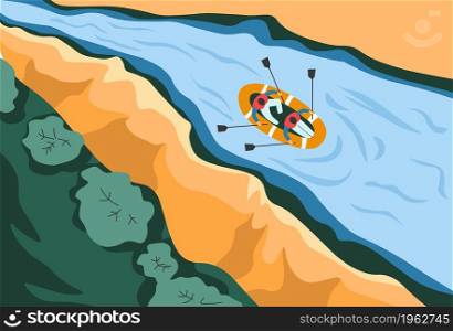 Canoeing and rowing, activities and hobbies in summertime, vacation and rest in summer. River with strong flow and stream and people on inflatable boat with oars practicing. Vector in flat style. Summer activities and vacation canoeing and rowing