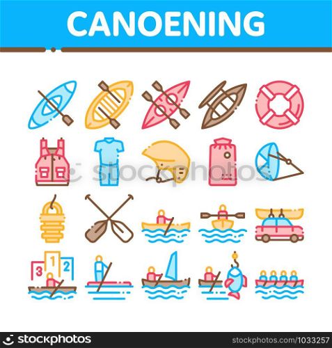 Canoeing Collection Elements Icons Set Vector Thin Line. Canoe Transportation On Car And Canoening Protection Safety Life Equipment Concept Linear Pictograms. Monochrome Contour Illustrations. Canoeing Collection Elements Icons Set Vector