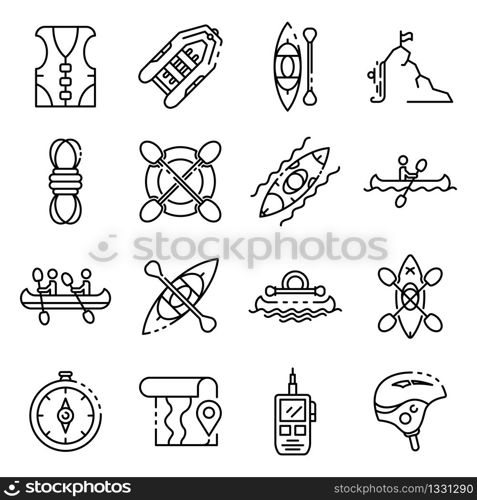 Canoeing icons set. Outline set of canoeing vector icons for web design isolated on white background. Canoeing icons set, outline style