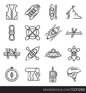 Canoeing icons set. Outline set of canoeing vector icons for web design isolated on white background. Canoeing icons set, outline style