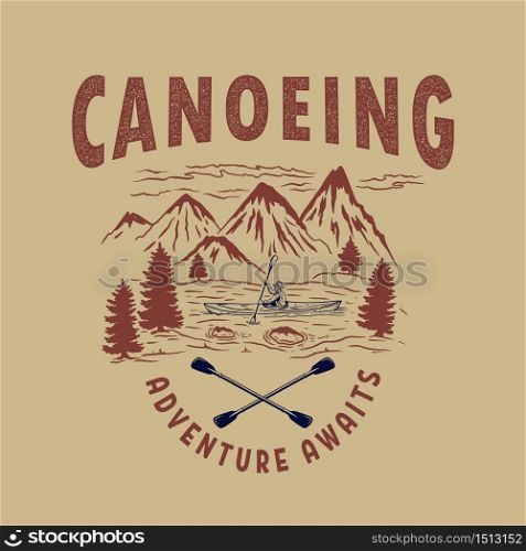 Canoeing. Illustration of wild mountains landscape, river and man on canoe. Design element for logo, label, sign, poster, t shirt. Vector illustration