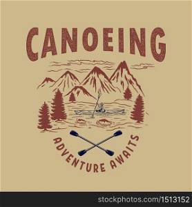 Canoeing. Illustration of wild mountains landscape, river and man on canoe. Design element for logo, label, sign, poster, t shirt. Vector illustration