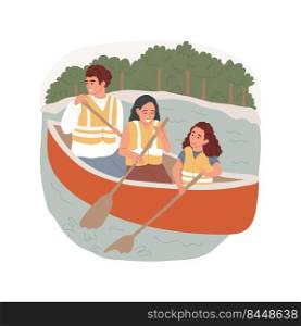 Canoeing isolated cartoon vector illustration. Parents and kids sit in canoe, holding paddle, family canoeing at lake, summer vacation, wearing lifejacket, adventure in nature vector cartoon.. Canoeing isolated cartoon vector illustration.
