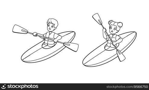 canoeing kid vector. kayak boat, river summer, family lake, c&fun, water children canoeing kid character. people black line illustration. canoeing kid vector