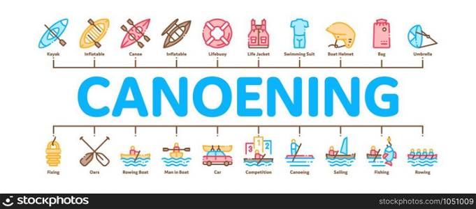 Canoeing Minimal Infographic Web Banner Vector. Canoe Transportation On Car And Canoening Protection Safety Life Equipment Concept Linear Pictograms. Color Contour Illustrations. Canoeing Minimal Infographic Banner Vector