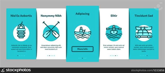 Canoeing Onboarding Mobile App Page Screen Vector Thin Line. Canoe Transportation On Car And Canoening Protection Safety Life Equipment Concept Linear Pictograms. Contour Illustrations. Canoeing Onboarding Elements Icons Set Vector