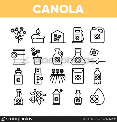 Canola Agricultural Collection Icons Set Vector. Canola Agriculture Flower Field And Pot, Oil And Spray, Greenhouse And Seeds Concept Linear Pictograms. Monochrome Contour Illustrations. Canola Agricultural Collection Icons Set Vector