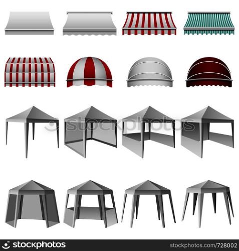 Canopy shed overhang awning mockup set. Realistic illustration of 16 canopy shed overhang awning mockups for web. Canopy shed overhang mockup set, realistic style