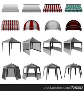 Canopy shed overhang awning mockup set. Realistic illustration of 16 canopy shed overhang awning mockups for web. Canopy shed overhang mockup set, realistic style