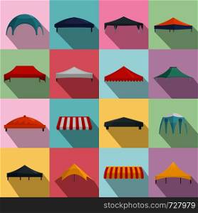 Canopy shed overhang icons set. Flat illustration of 16 canopy shed overhang vector icons for web. Canopy shed overhang icons set, flat style