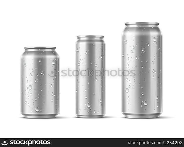 Cans with condensation drips. Realistic metallic cold drinks containers with water drops. Aluminum beer, soda or lemonade jars. Cool beverage wet packaging. Vector isolated blank silver metal tins set. Cans with condensation drips. Realistic metallic cold drinks containers with water drops. Aluminum beer, soda or lemonade jars. Cool beverage packaging. Vector isolated blank metal tins set