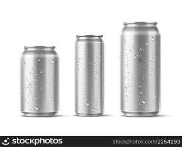 Cans with condensation drips. Realistic metallic cold drinks containers with water drops. Aluminum beer, soda or lemonade jars. Cool beverage wet packaging. Vector isolated blank silver metal tins set. Cans with condensation drips. Realistic metallic cold drinks containers with water drops. Aluminum beer, soda or lemonade jars. Cool beverage packaging. Vector isolated blank metal tins set