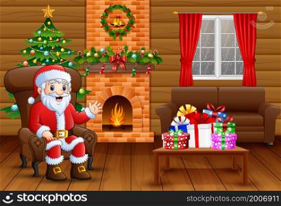 Canta claus sitting in sofa near decorated pine tree