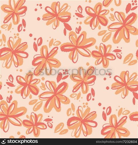Cantaloupe color abstract sketch style fun floral seamless pattern for background, wrap, fabric, textile, wrap, surface, web and print design. Orange summer vibes shabby flowers.