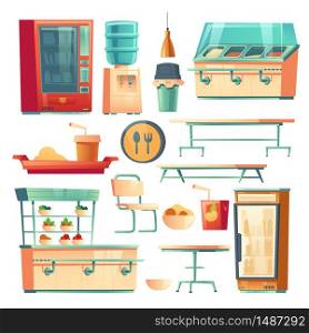 Canteen furniture in school, college or office. Vector cartoon set of isolated tables, chair, counter bar, vending machine with food and drink, water cooler and fridge in cafeteria or dining room. Canteen furniture in school, college or office